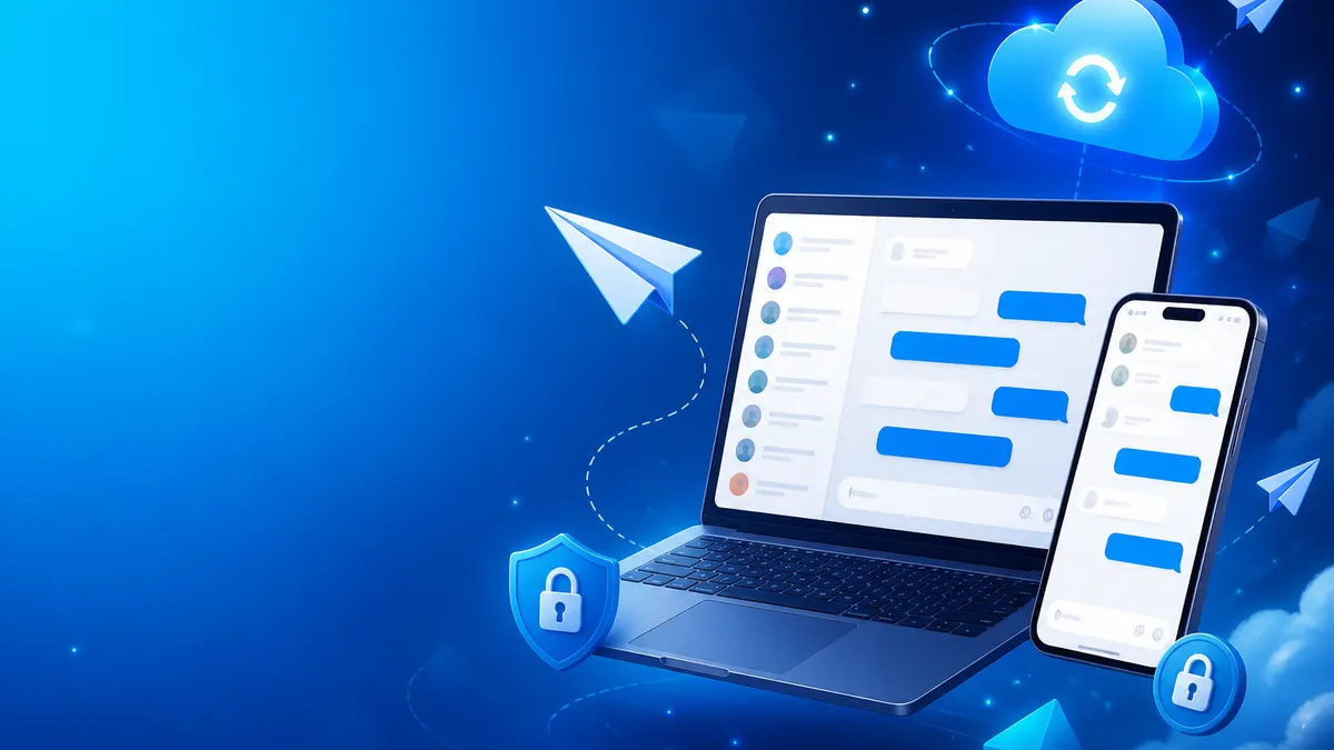 Telegram messenger running on a laptop and smartphone with synced chats